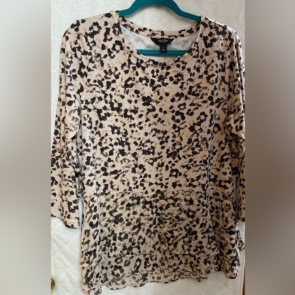 Vera Wang long sleeve blouse, size L, leopard print, sheer peplum bottom